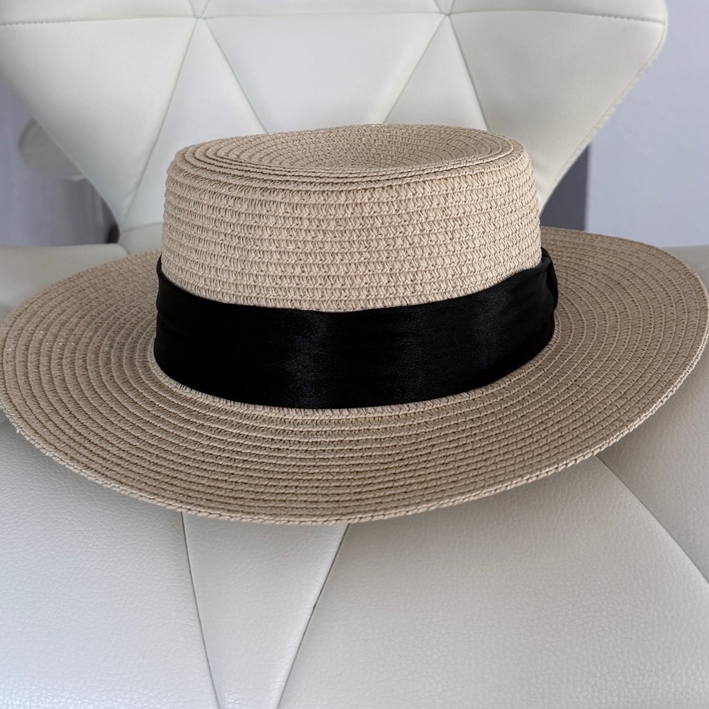 Elegant Tan Straw Boater Hat with Black Band